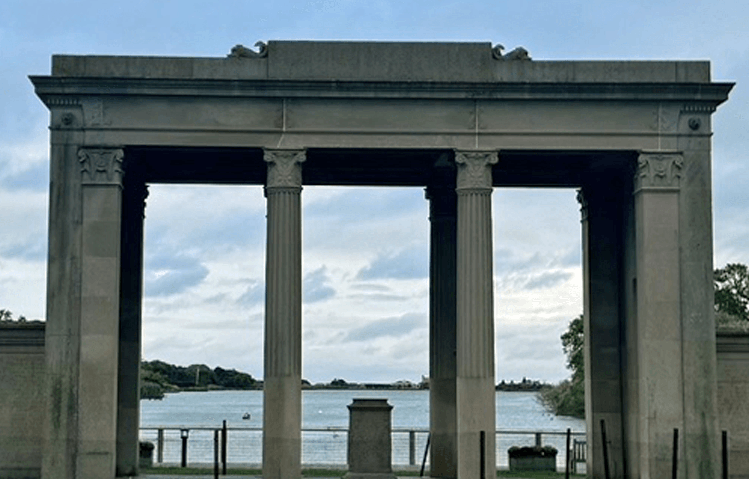 View through the memorial colonnade to Lake Agawam