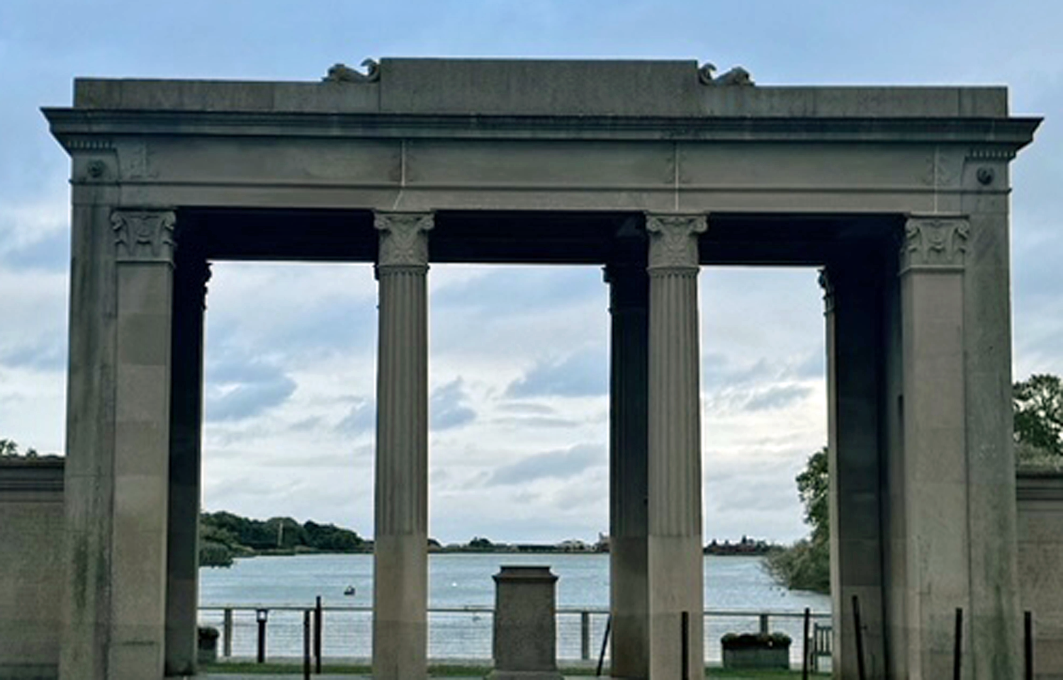 View through the memorial colonnade to Lake Agawam